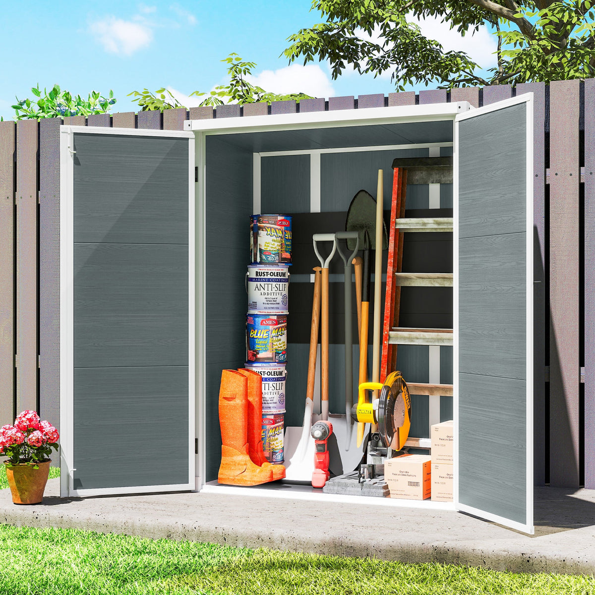 4.4' x 2.3' Plastic Garden Shed with Shelves and Floor, Distressed Grey — product view 4