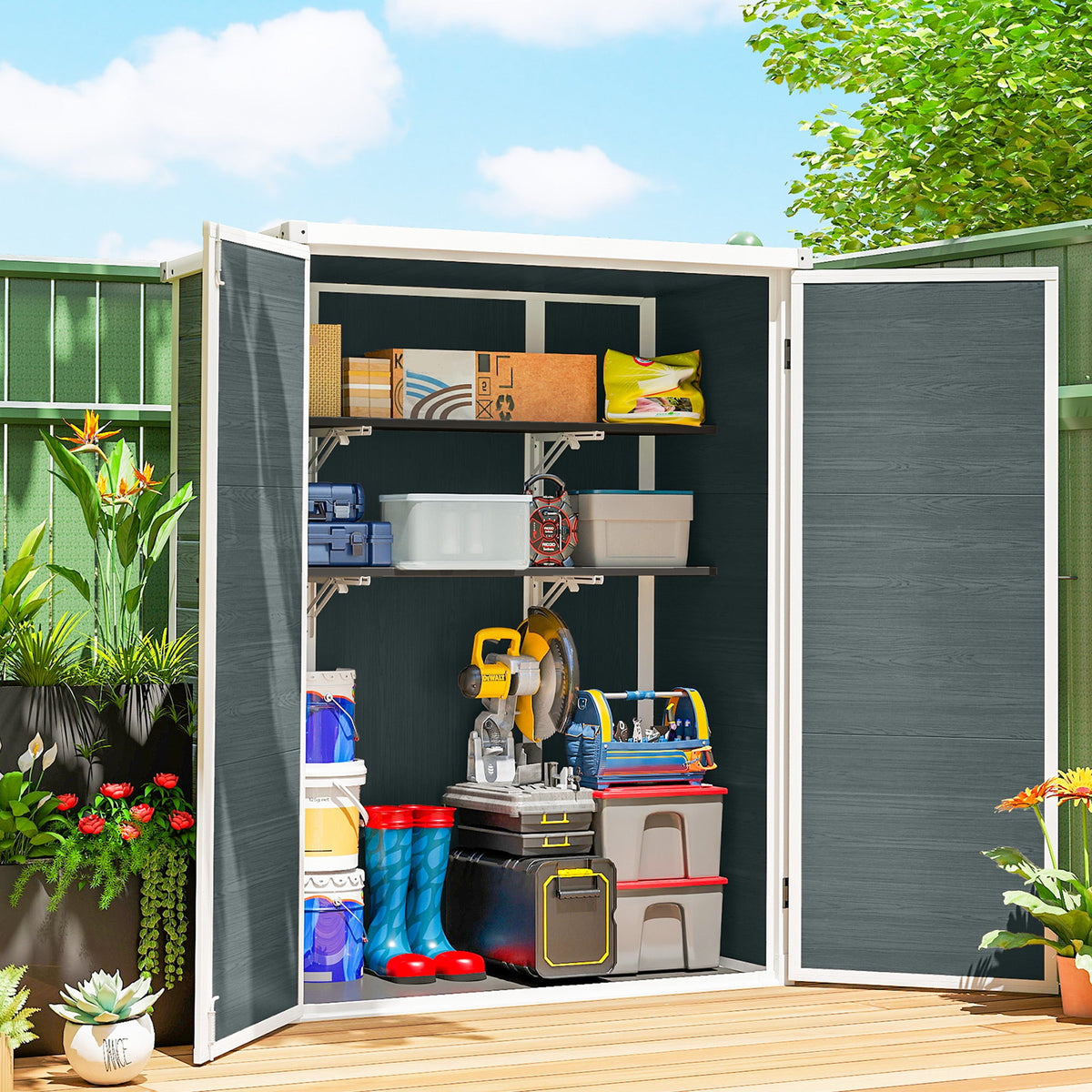 4.4' x 2.3' Plastic Garden Shed with Shelves and Floor, Distressed Grey — product view 3