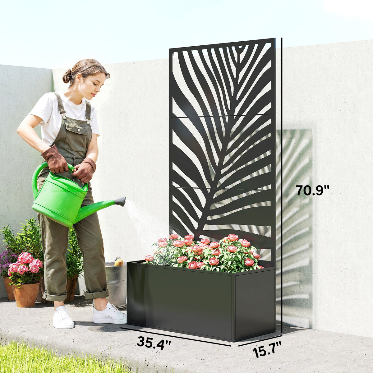 71" Metal Planter Box with Trellis, Large Leaf Cut-Out — product view 5