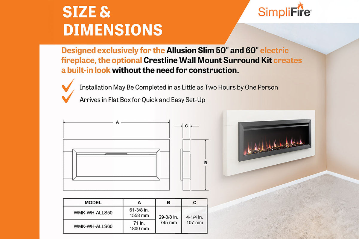 Simplifire Crestline Wall Mount Mantel Kit for Allusion Slim Fireplace (WMK-WH-ALLS50/60) — product view 4