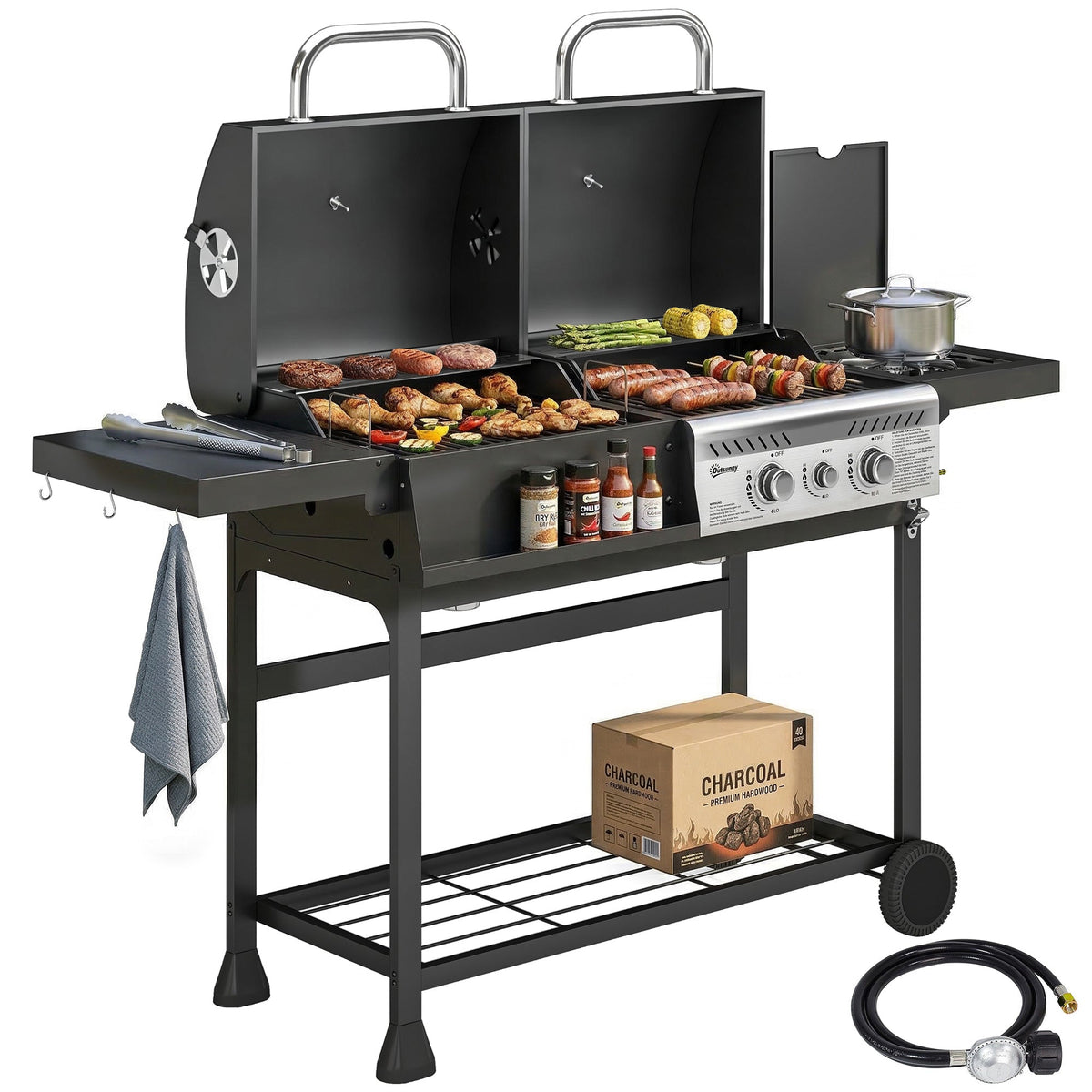 Dual Fuel BBQ Grill with Charcoal and 2+1 Gas Burners, Black — product view 1