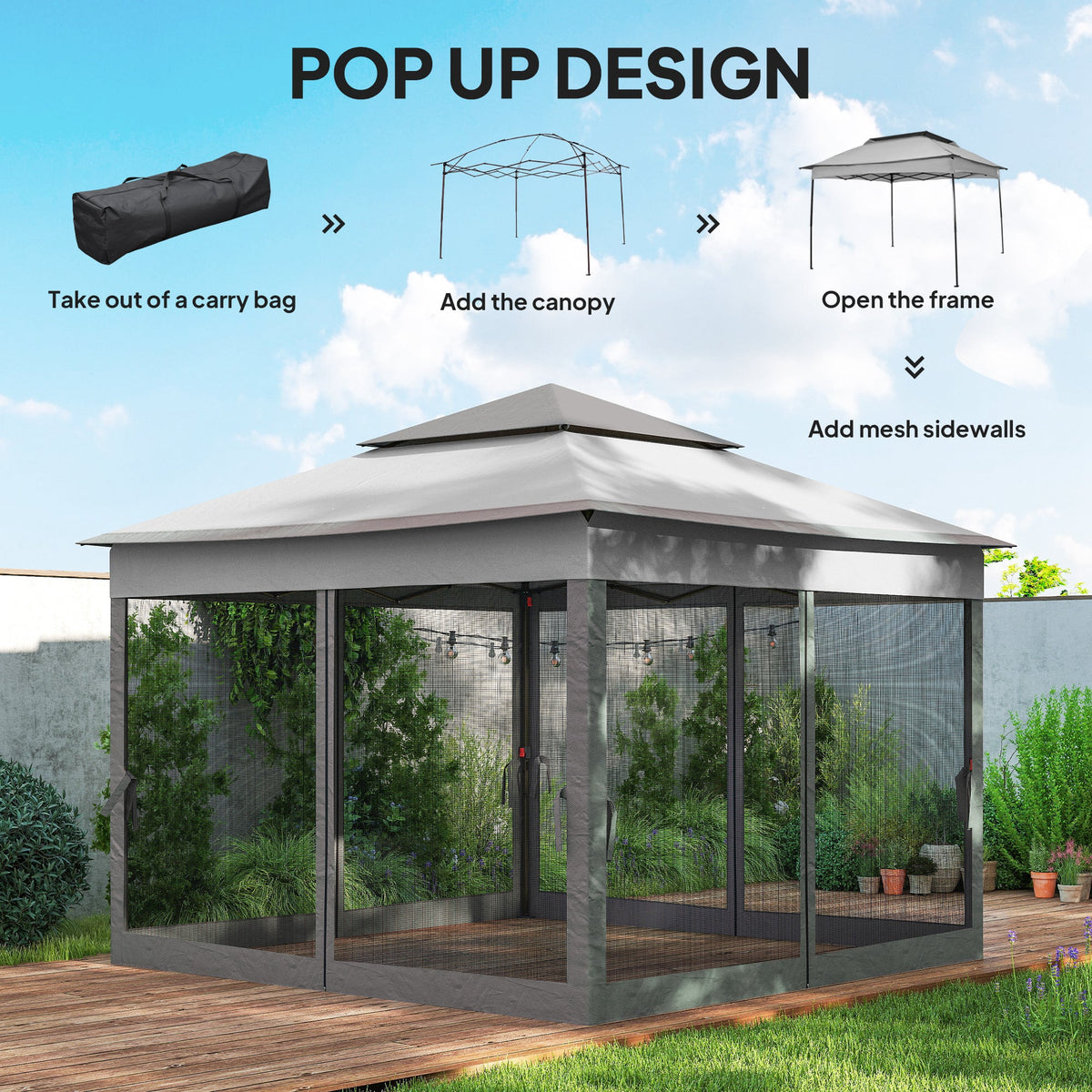 3 x 3m Pop Up Gazebo with Double Tier Roof, Netting & Carry Bag, Light Grey — product view 6