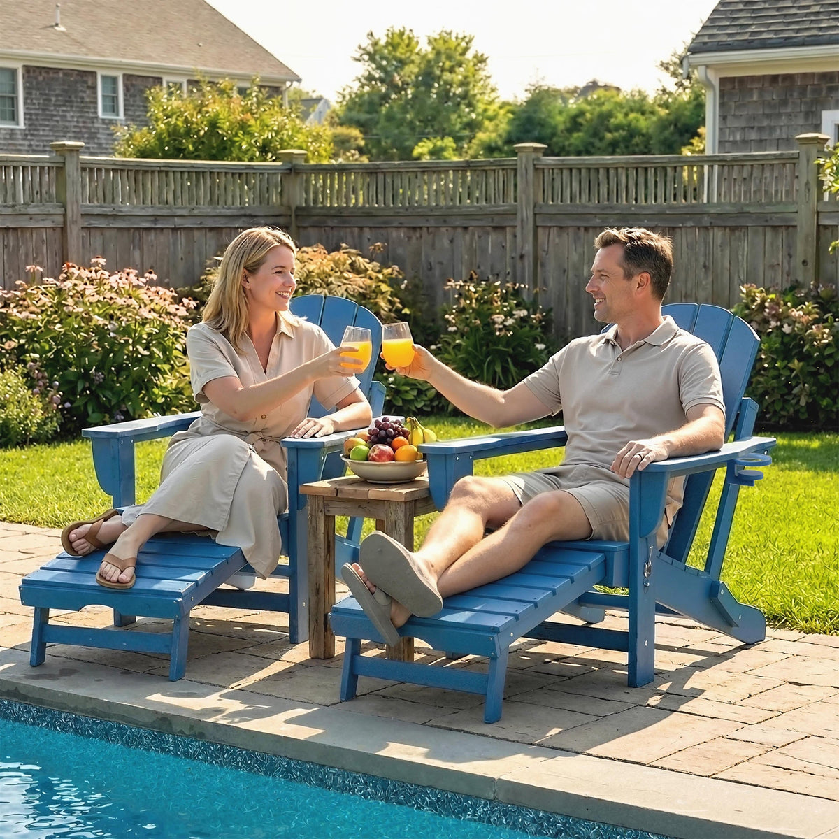2 Piece Folding Adirondack Chairs with Ottoman and Cup Holder, Blue — product view 4
