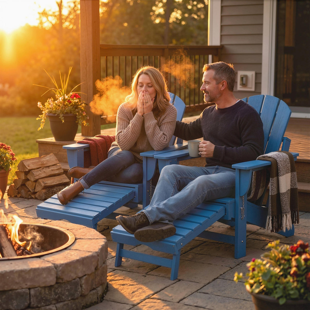 2 Piece Folding Adirondack Chairs with Ottoman and Cup Holder, Blue — product view 3