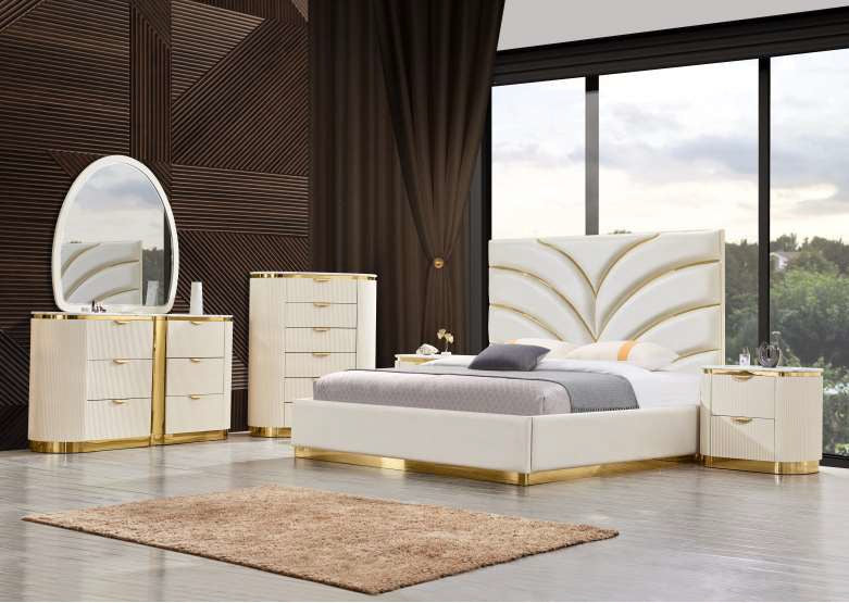 Mc Ferran Alliyah Cream Wood Finish Faux Leather Tufted Queen Bedroom Set – B1001-4PC-Q — product view 1