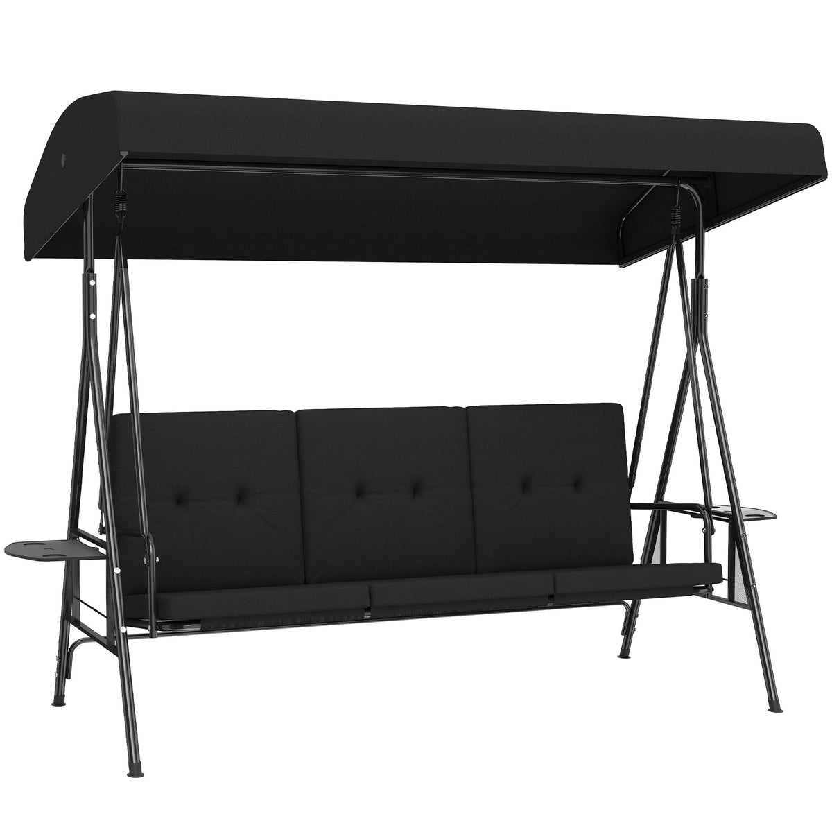 3-Seat Patio Swing Chair with Adjustable Canopy and Side Tray, Black — product view 1