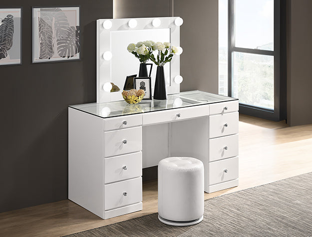 B4850WH 3-Piece White High Gloss Makeup Bedroom Vanity Set with LED Lighting — product view 1