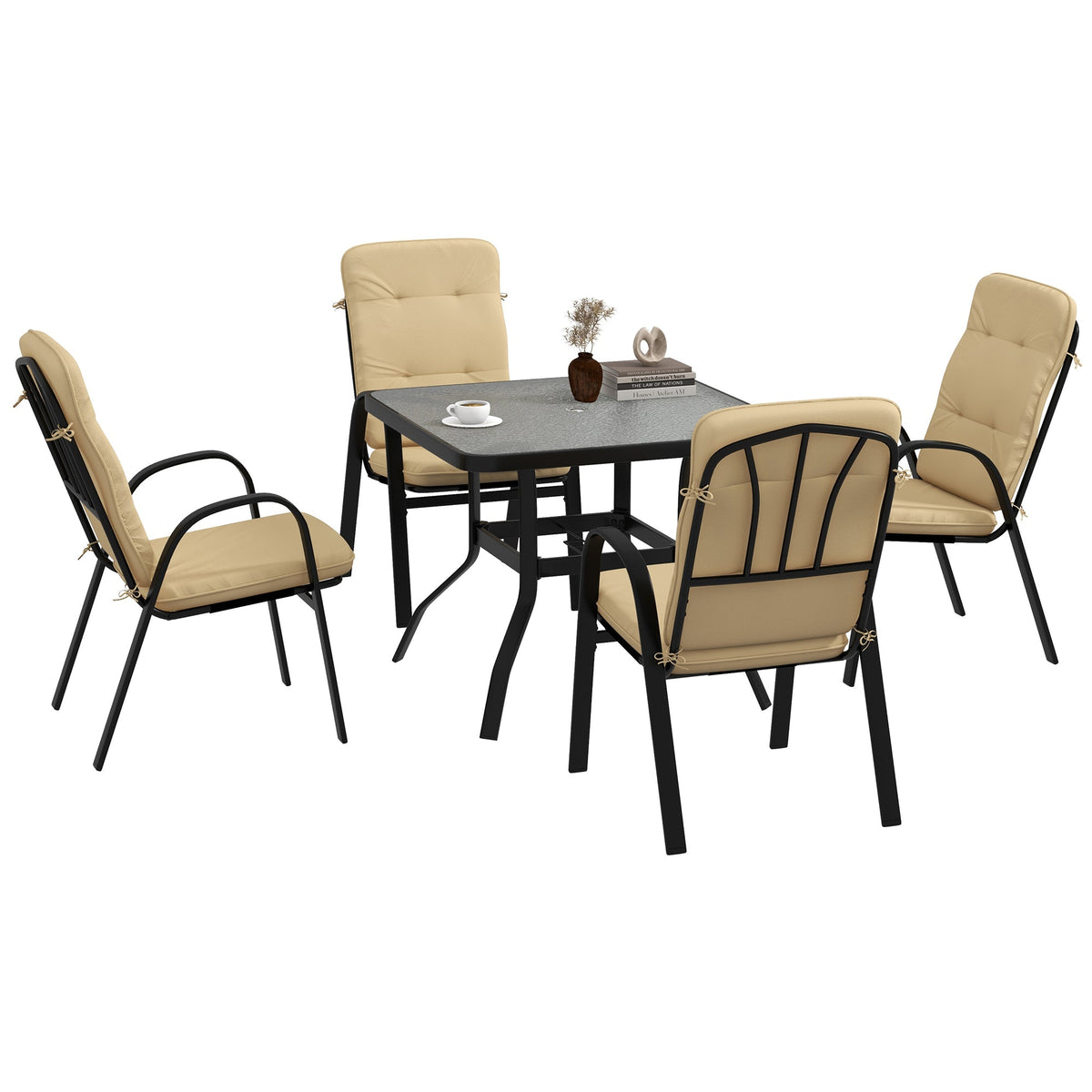 5 Piece Garden Dining Set with Square Glass Table & 4 Cushioned Chairs, Beige — product view 2