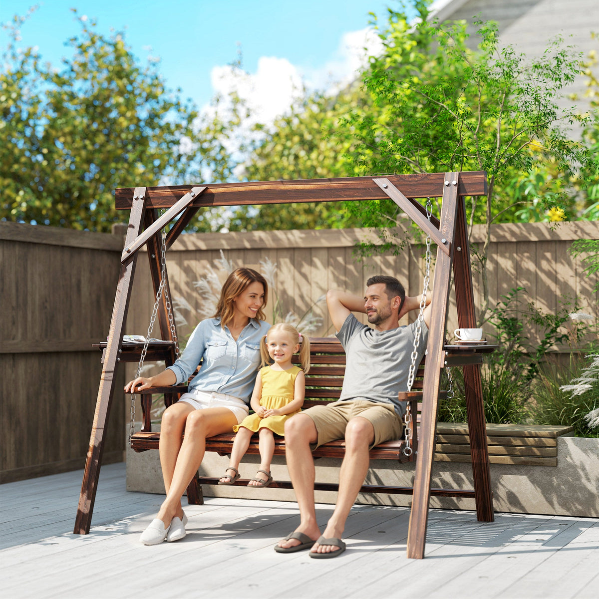 3 Seat Porch Swing with Stand and Side Tables, Carbonized Brown — product view 3