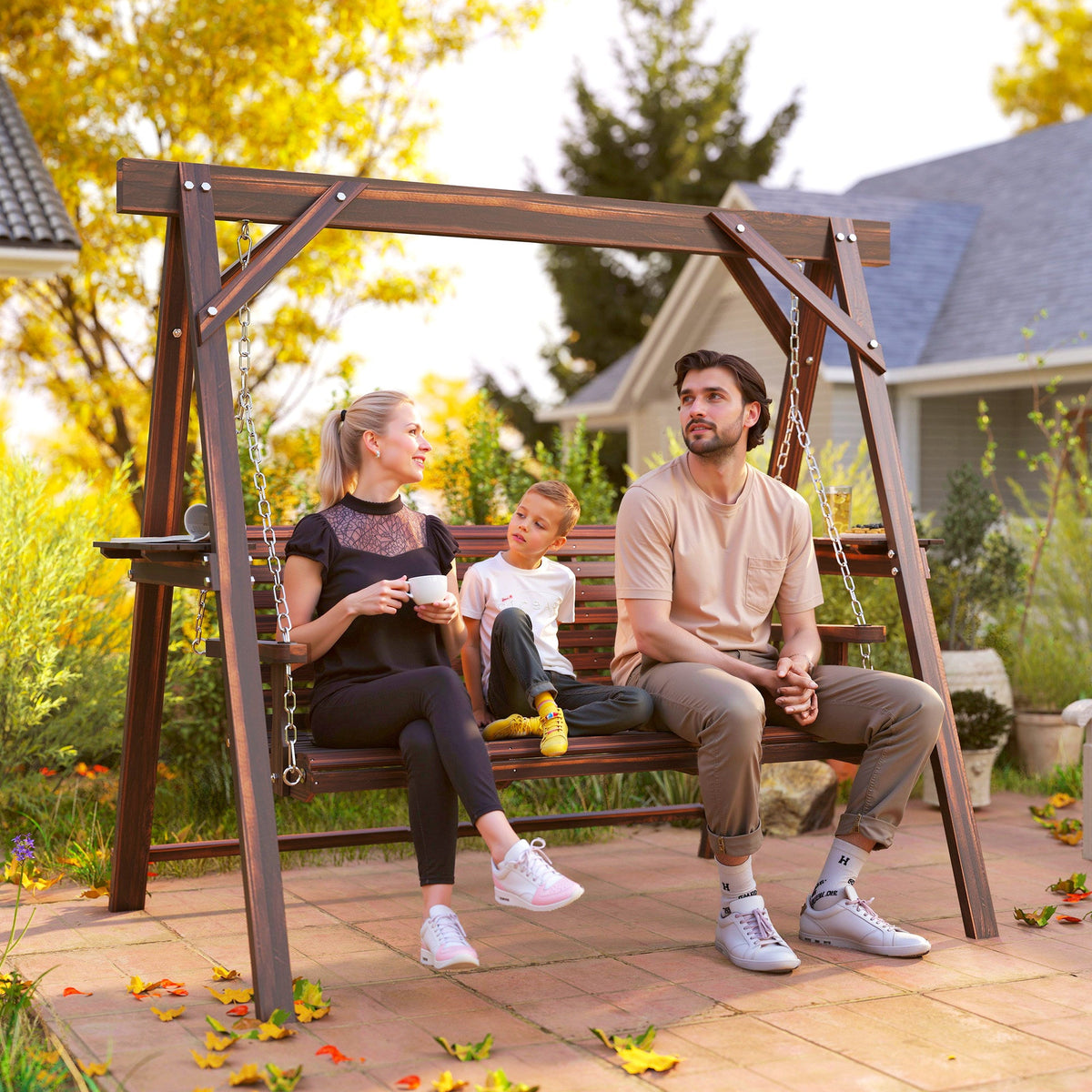 3 Seat Porch Swing with Stand and Side Tables, Carbonized Brown — product view 4