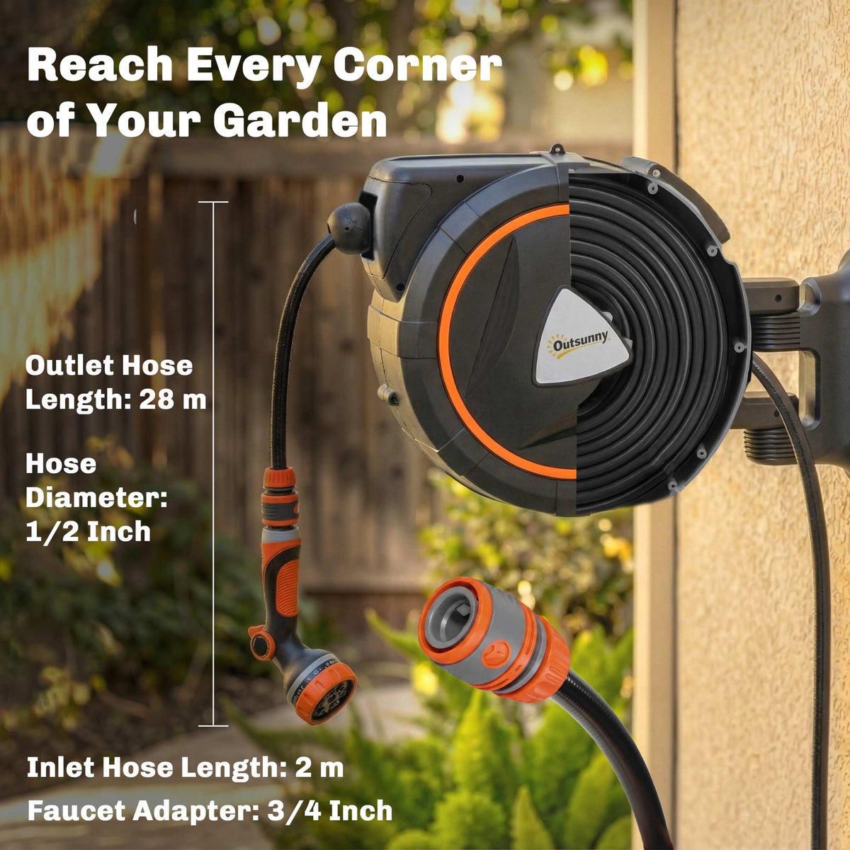 28+2m Retractable Wall-Mount Hose Reel with Auto Retraction & 180° Swivel, Orange — product view 6