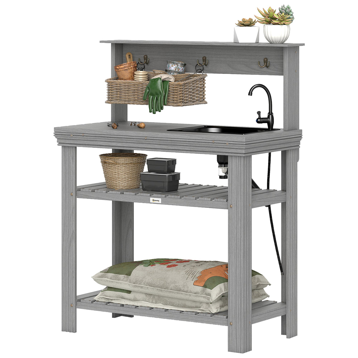 Outdoor Potting Bench Table with Faucet, Sink, Shelves and Hooks, Grey — product view 2