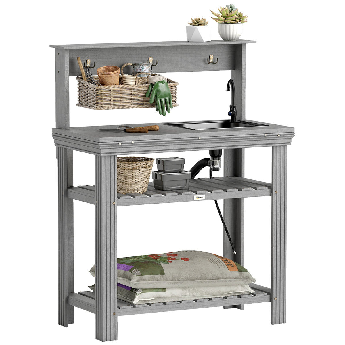 Outdoor Potting Bench Table with Faucet, Sink, Shelves and Hooks, Grey — product view 1