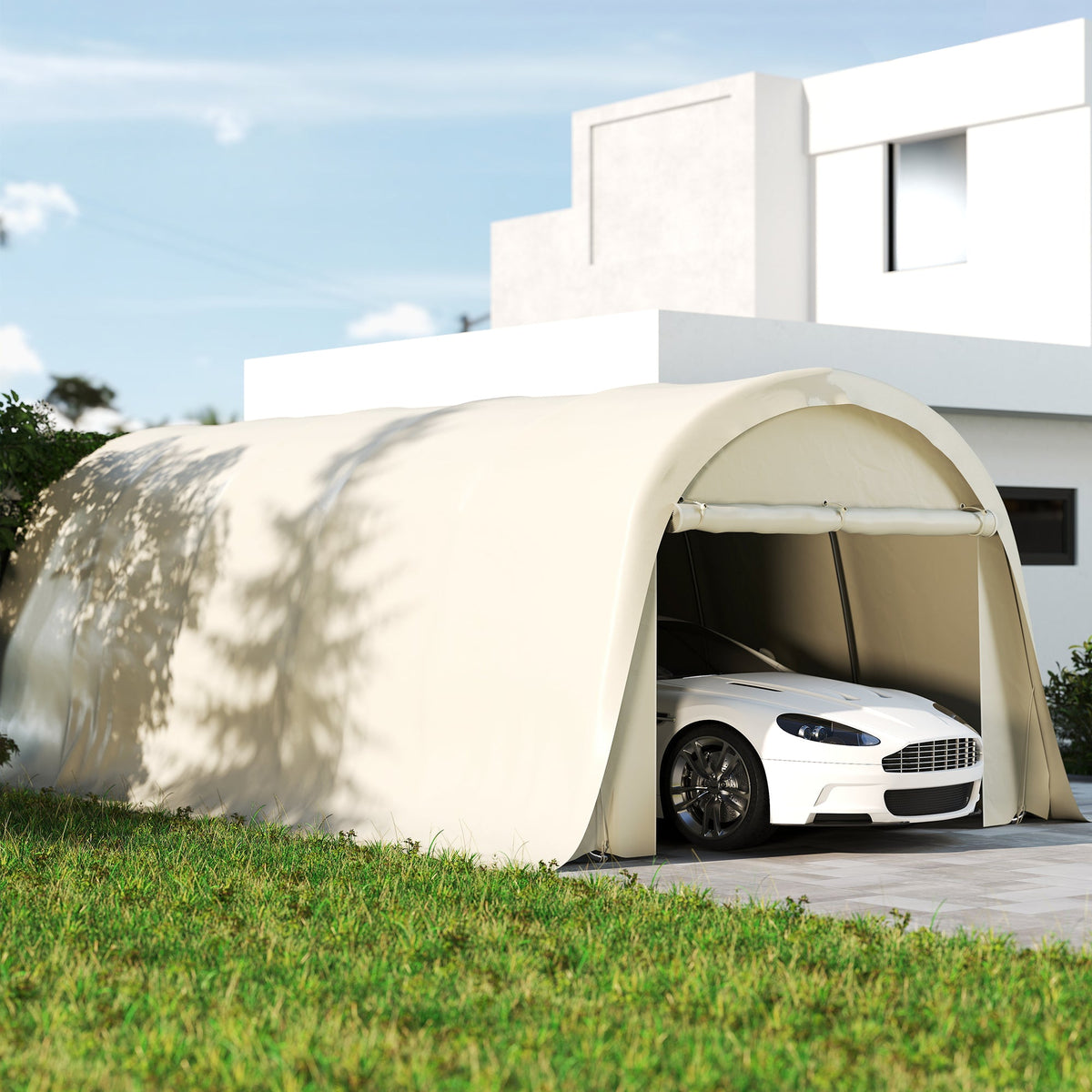 12' x 23.6' Heavy Duty Carport with Roll-Up Door, Beige — product view 4