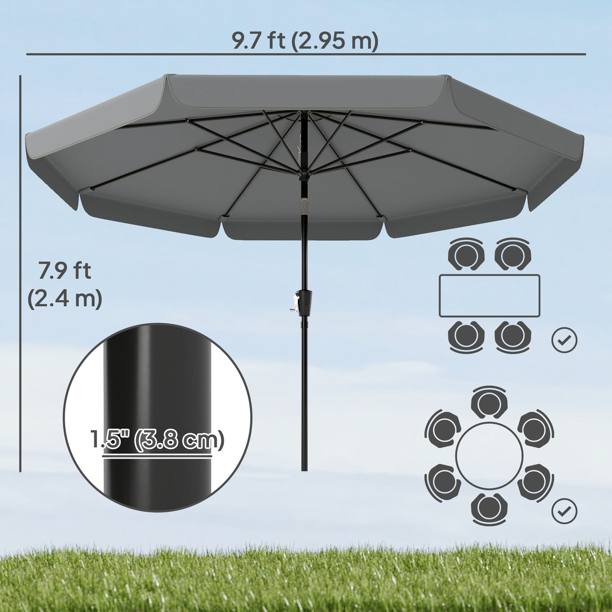 10ft Patio Umbrella with Push Button Tilt and Crank, Dark Grey — product view 5