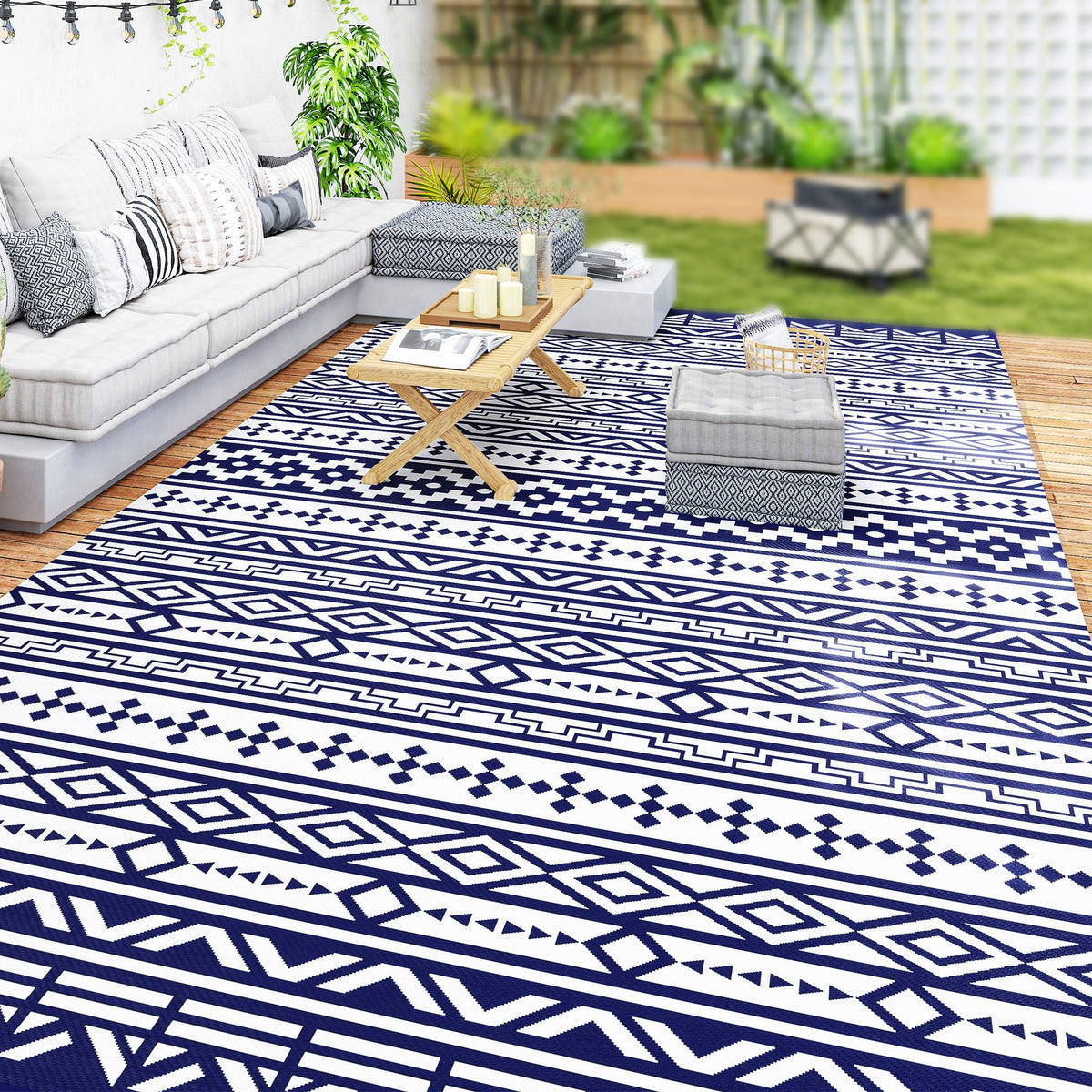 9' x 18' Reversible Outdoor Rug, Blue White Geometric — product view 4