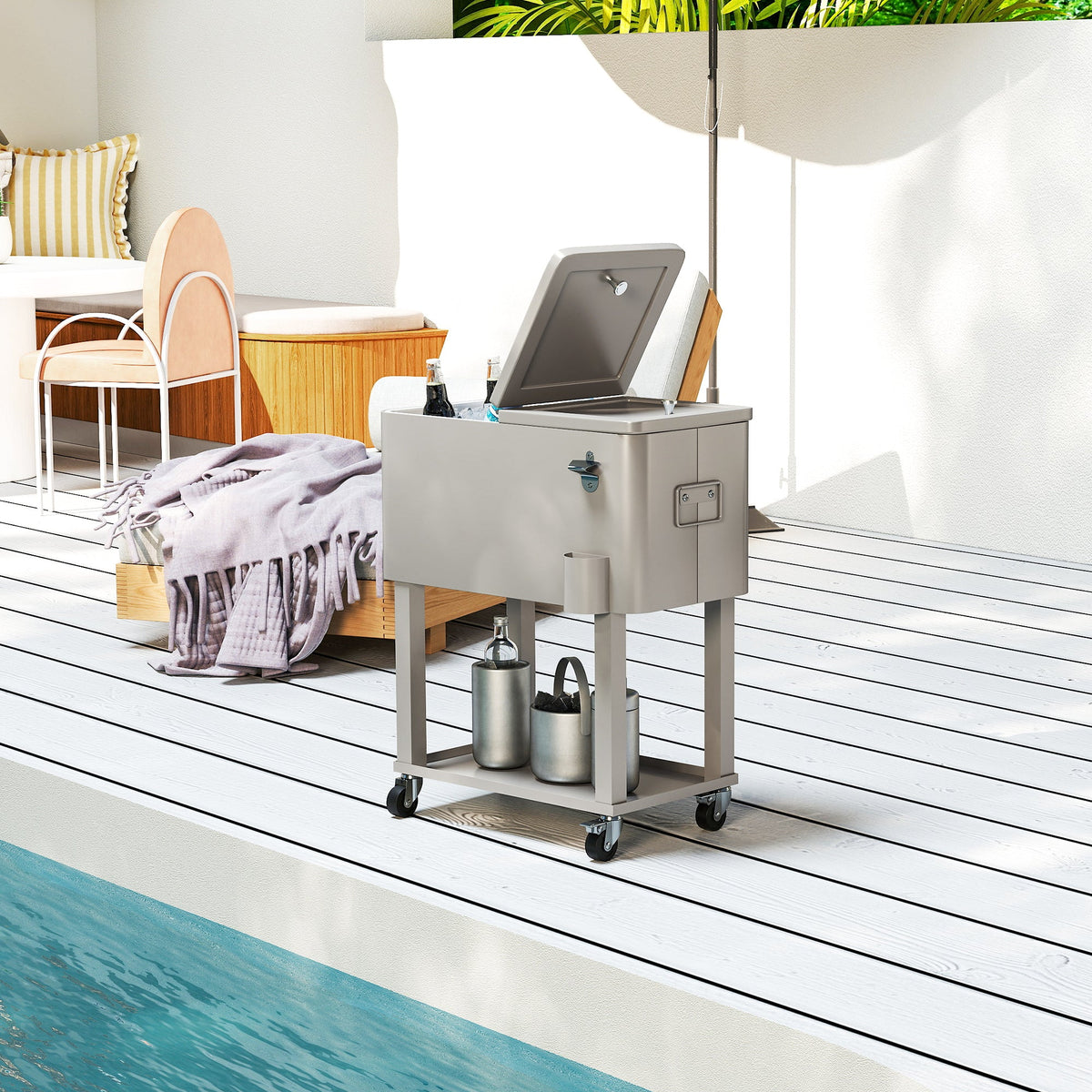 60 Quart Rolling Patio Cooler Cart with Shelf and Bottle Opener, Silver — product view 4