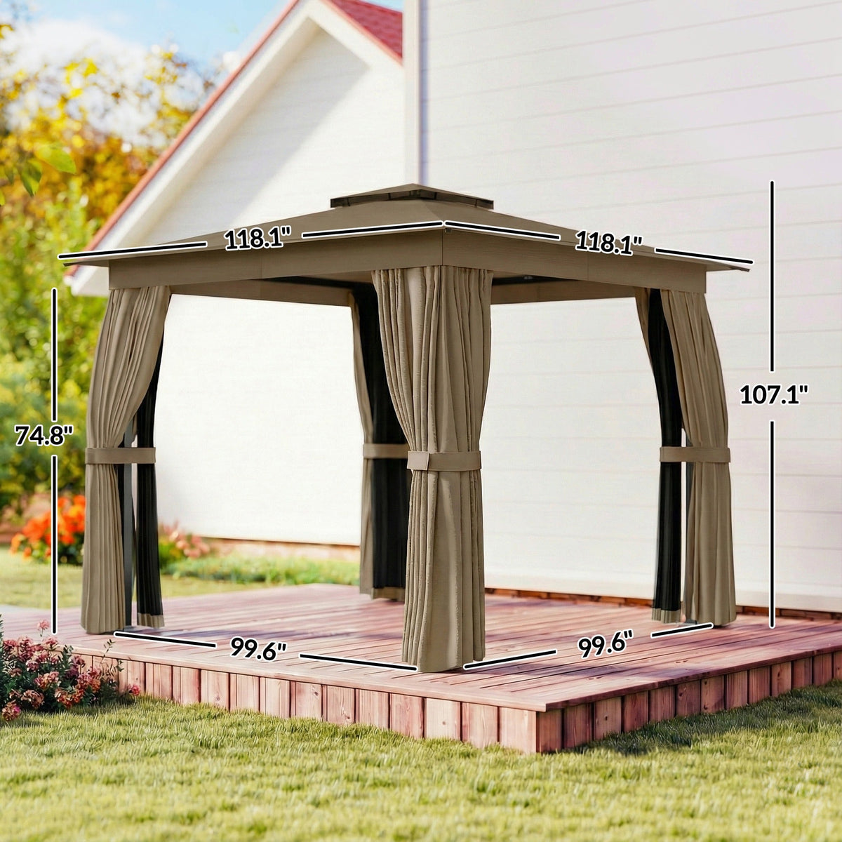 10' x 10' Soft Top Gazebo Canopy Shelter with Double Roof, UPF30+ Protection for Lawn, Backyard, Deck, Khaki — product view 5