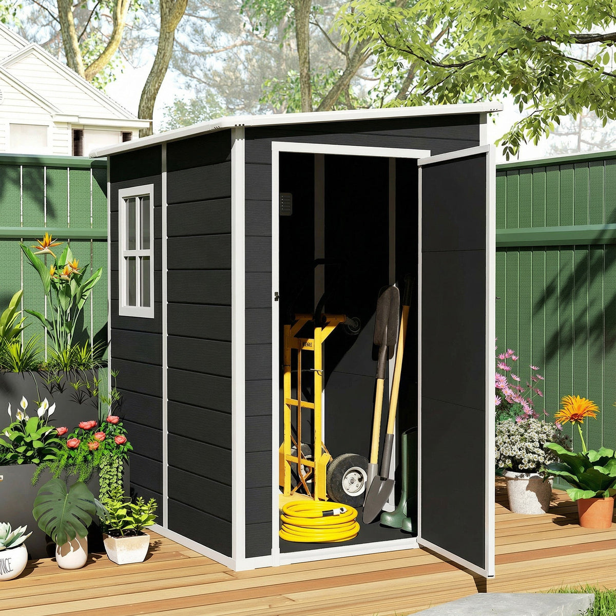 4 x 5FT Plastic Lean-to Garden Shed with Floor, Window and Vent, Black — product view 4