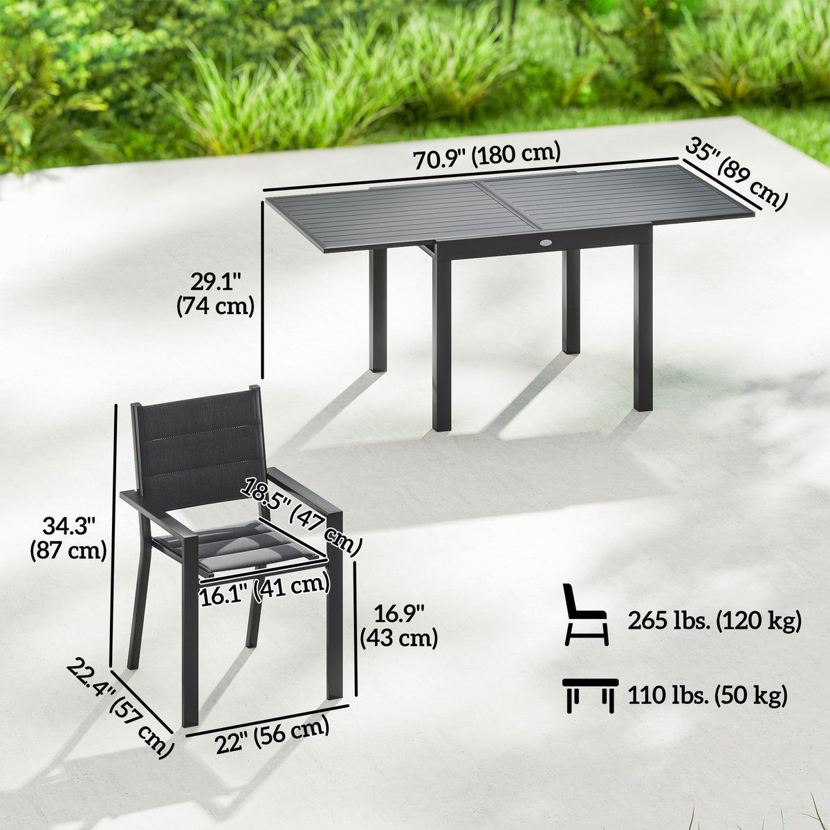 7pc Patio Dining Set with Expandable Table and Stackable Chairs, Black — product view 5
