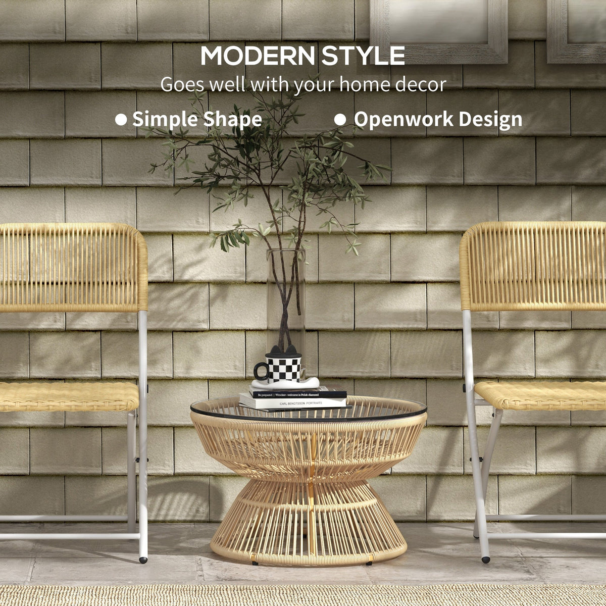 Rattan Outdoor Coffee Table with Tempered Glass Top, Nature Wood — product view 6