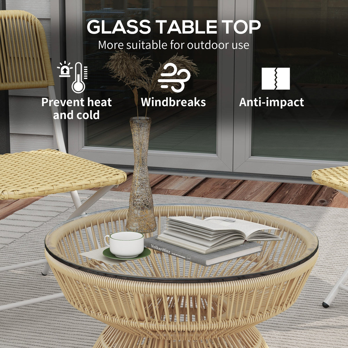 Rattan Outdoor Coffee Table with Tempered Glass Top, Nature Wood — product view 7