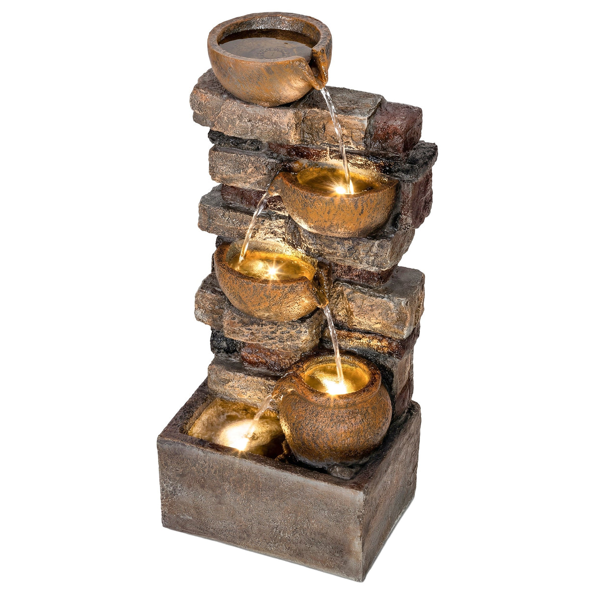 28" 5-Tier Outdoor Fountain with LED Lights and Adjustable Flow, Rustic Brown — product view 2