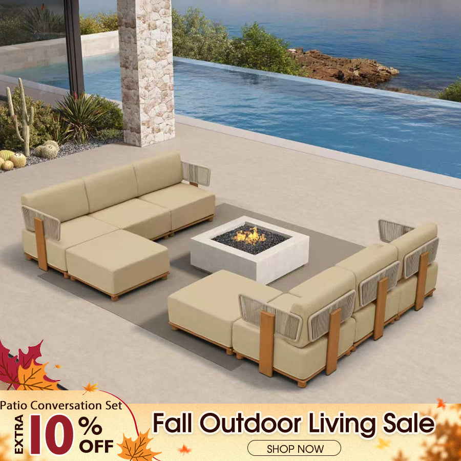 PURPLE LEAF Breck L-Shaped Modular Outdoor Sectional with Wood-Grain Aluminum Frame and Thick Teak-Colored Cushions for Luxury Backyard Lounge — product view 1