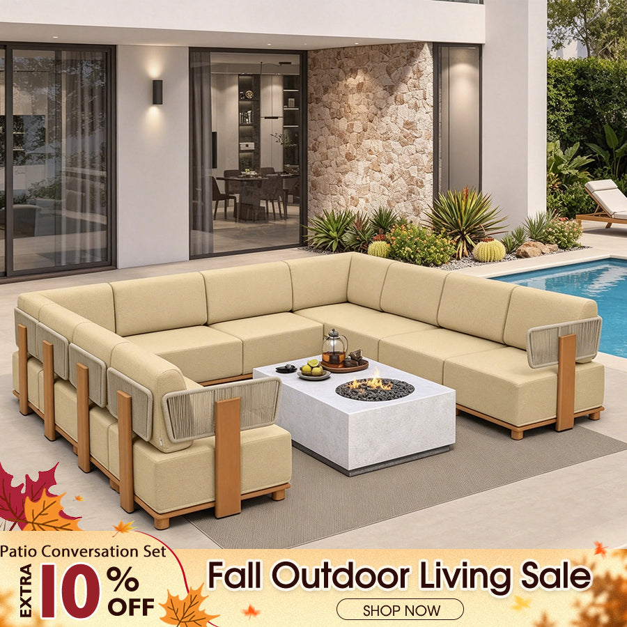 PURPLE LEAF Breck U-Shaped Modular Outdoor Sectional with Wood-Grain Aluminum Frame and Thick Teak-Colored Cushions for Family Entertaining — product view 1