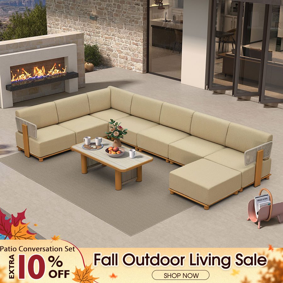 PURPLE LEAF Breck U-Shaped with table Modular Outdoor Sectional with Wood-Grain Aluminum Frame and Thick Teak-Colored Cushions for Family Entertaining — product view 1