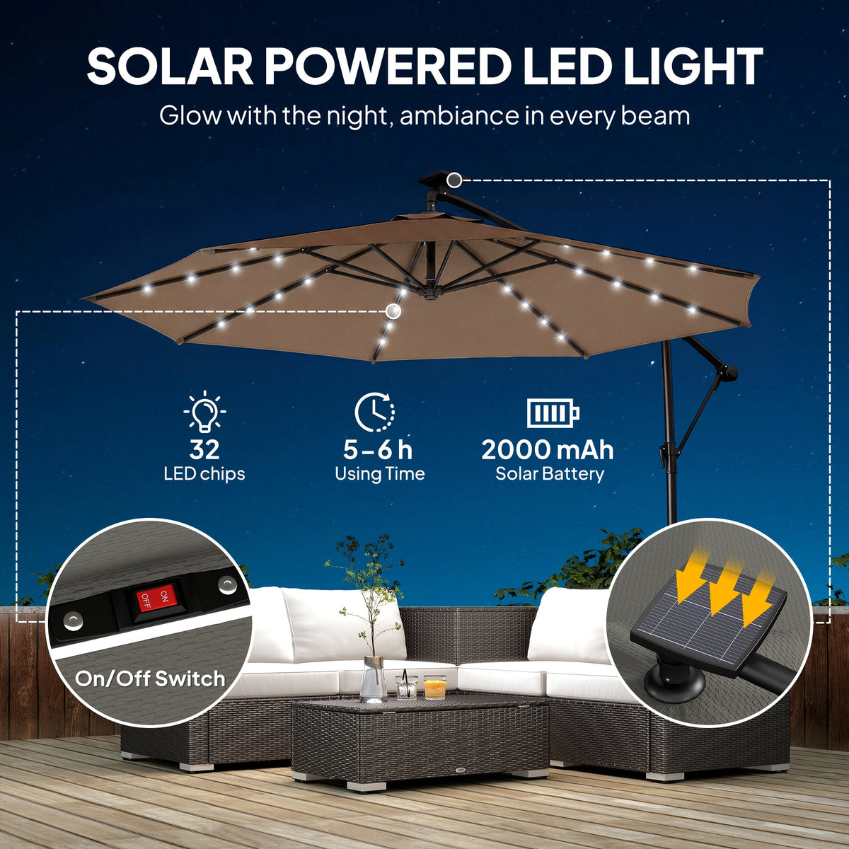 9.7 ft Cantilever Patio Umbrella with Solar LED Light and Cover, Khaki — product view 6