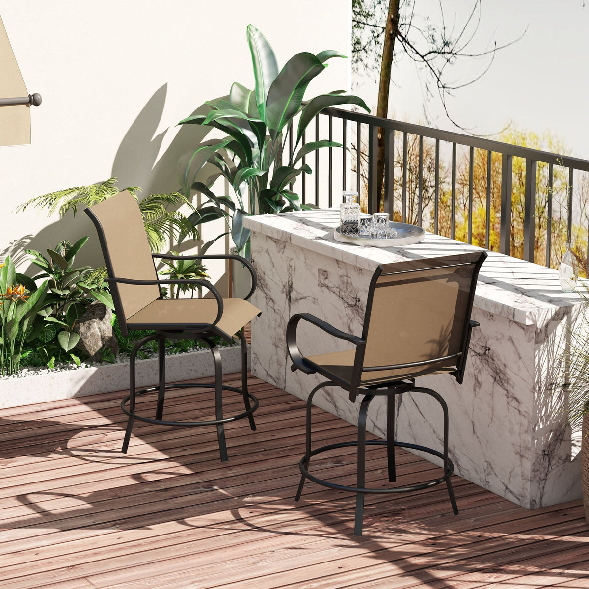Set of 2 Bar Height Swivel Patio Stools with Armrests and Mesh Seats, Tan — product view 4
