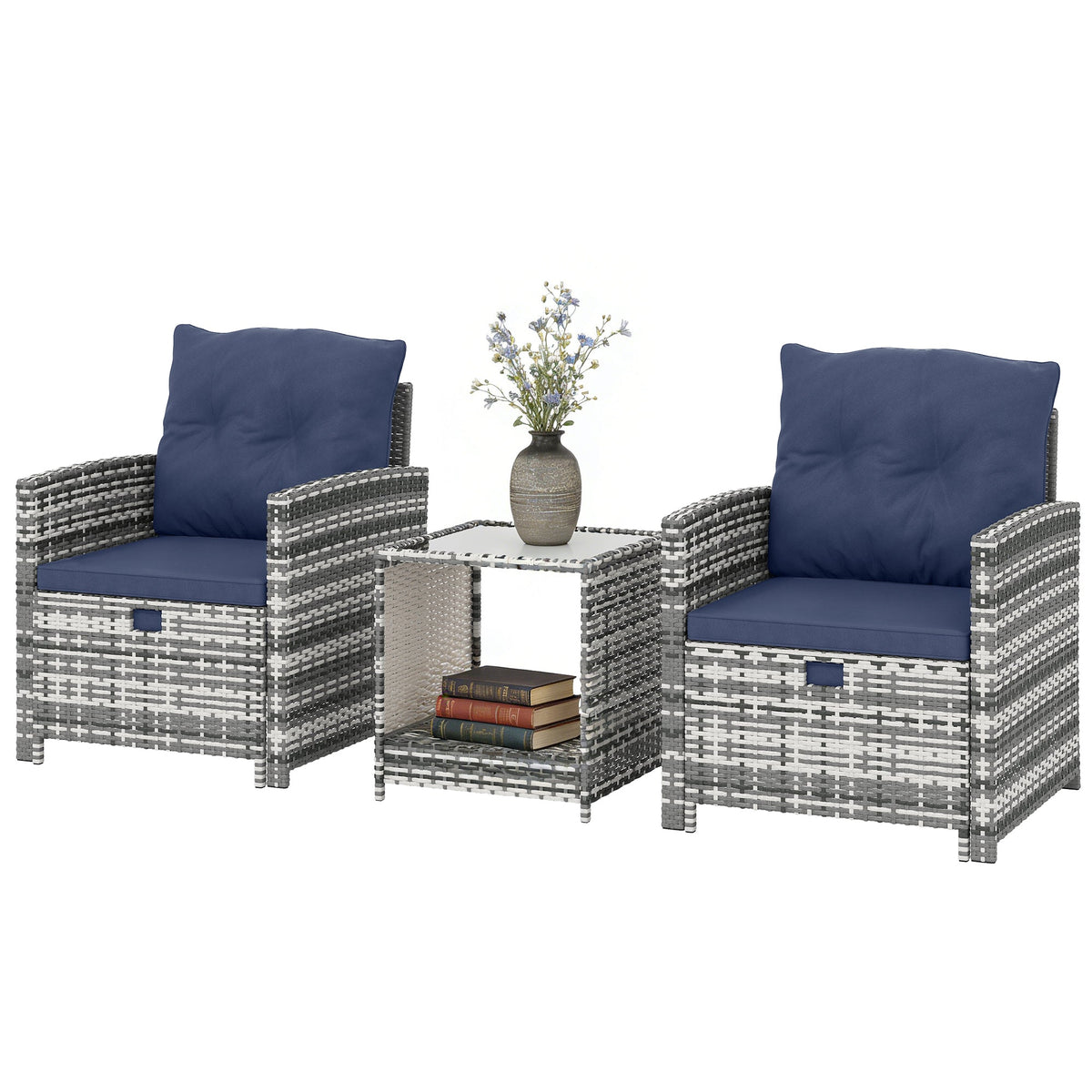 5-Piece Rattan Patio Set with Ottomans & 2-Tier Glass Table, Grey/Dark Blue — product view 2