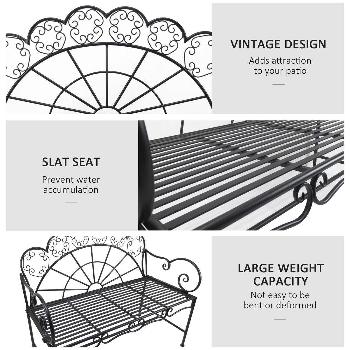 2 Seater Metal Garden Bench, 107 x 55.5 x 92 cm, Black — product view 7