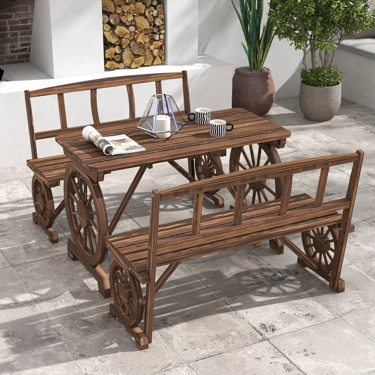 3-Piece Wooden Patio Dining Bench Set, Carbonized — product view 3