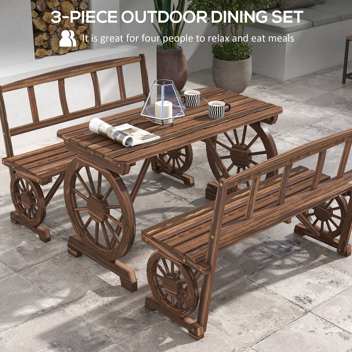 3-Piece Wooden Patio Dining Bench Set, Carbonized — product view 7