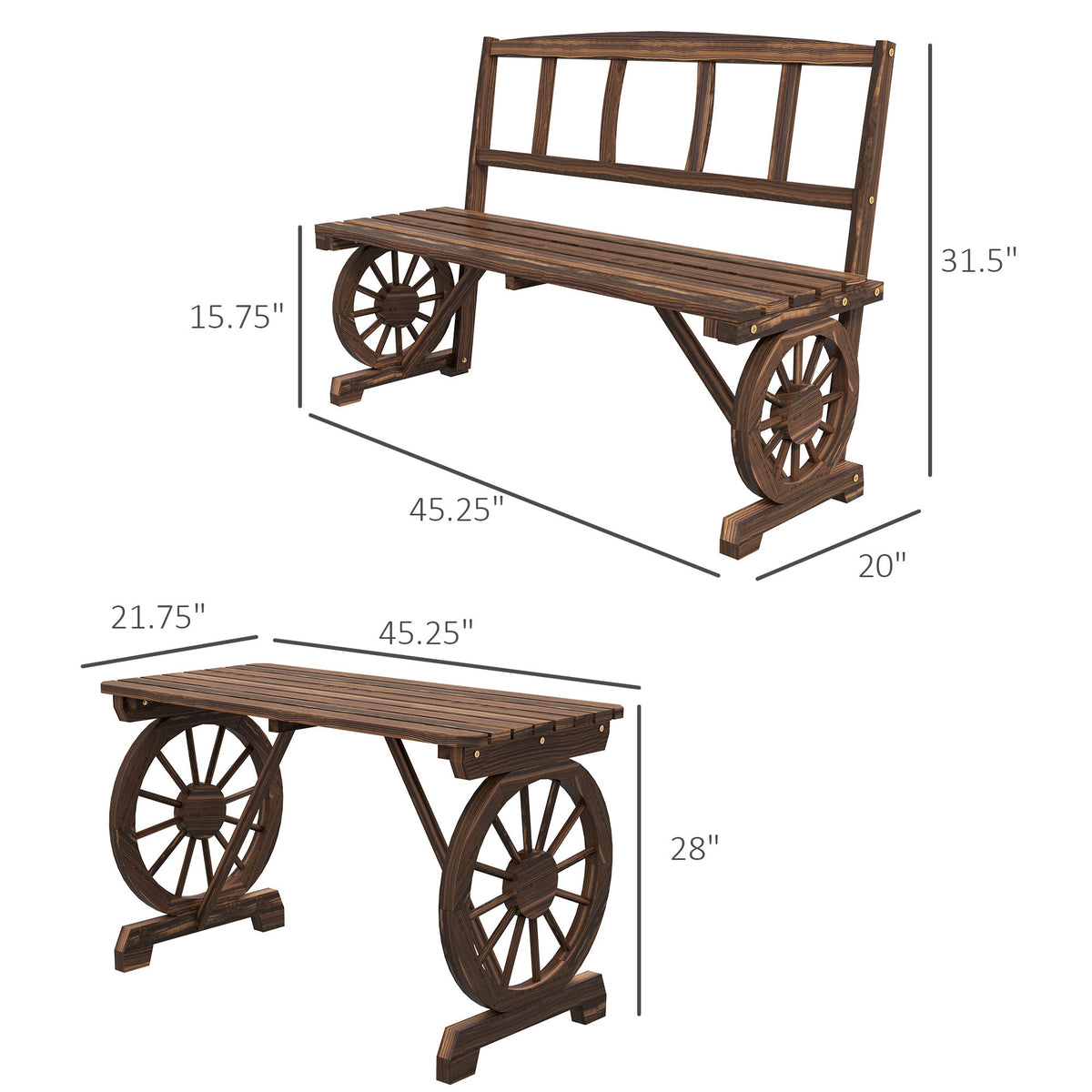 3-Piece Wooden Patio Dining Bench Set, Carbonized — product view 5