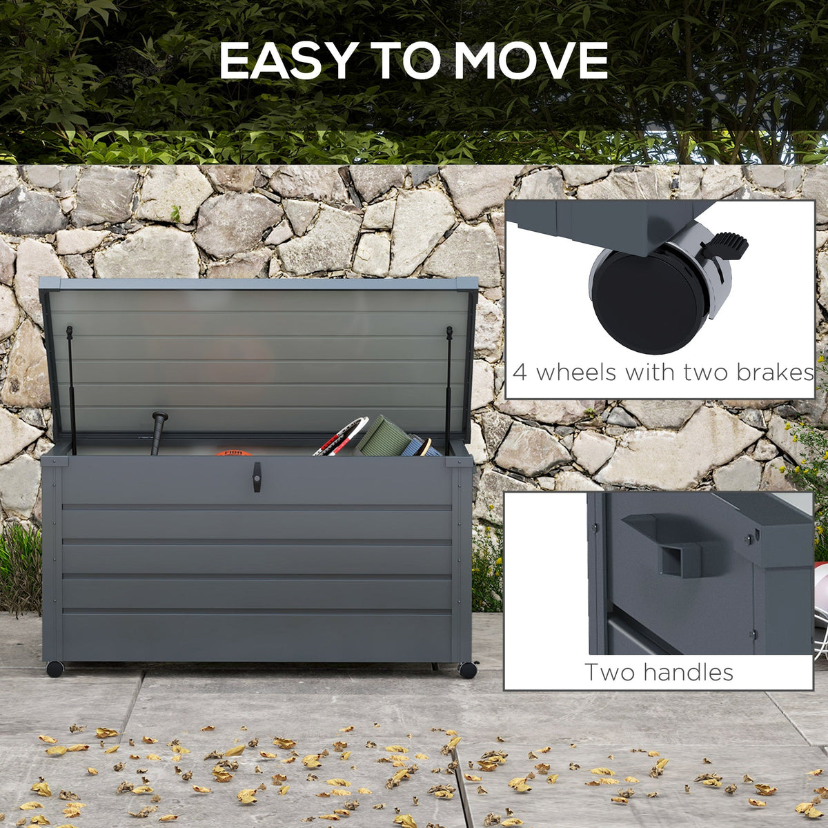 82 Gallon Galvanized Steel Deck Box with Wheels and Handles, Dark Grey — product view 6