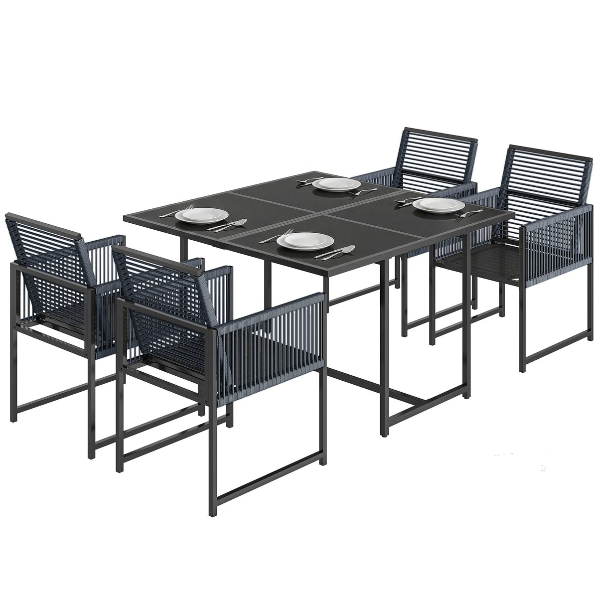 5-Piece Dark Grey Rattan Dining Set with Tempered Glass Top & Foldable Chairs — product view 1