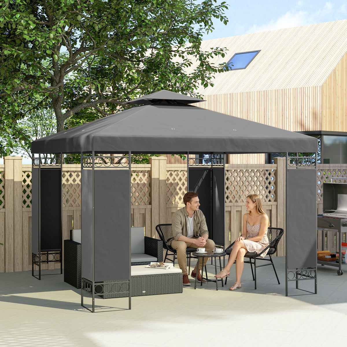 10 x 10 ft Canopy Gazebo with Double Roof and Mesh Screen Panels, Dark Grey — product view 3