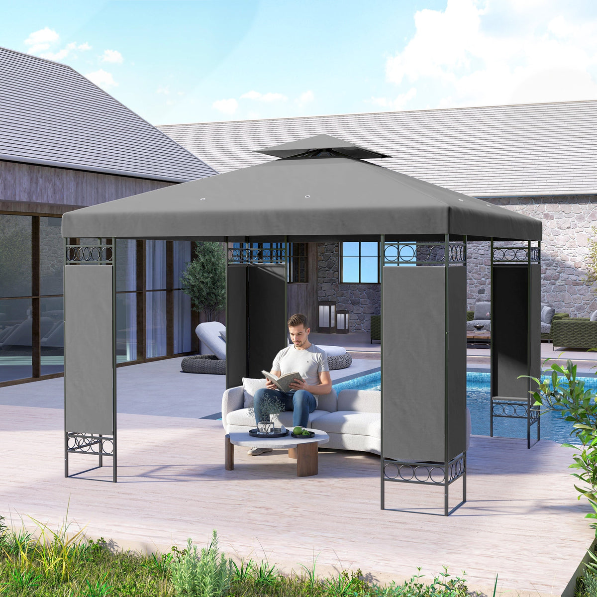 10 x 10 ft Canopy Gazebo with Double Roof and Mesh Screen Panels, Dark Grey — product view 4
