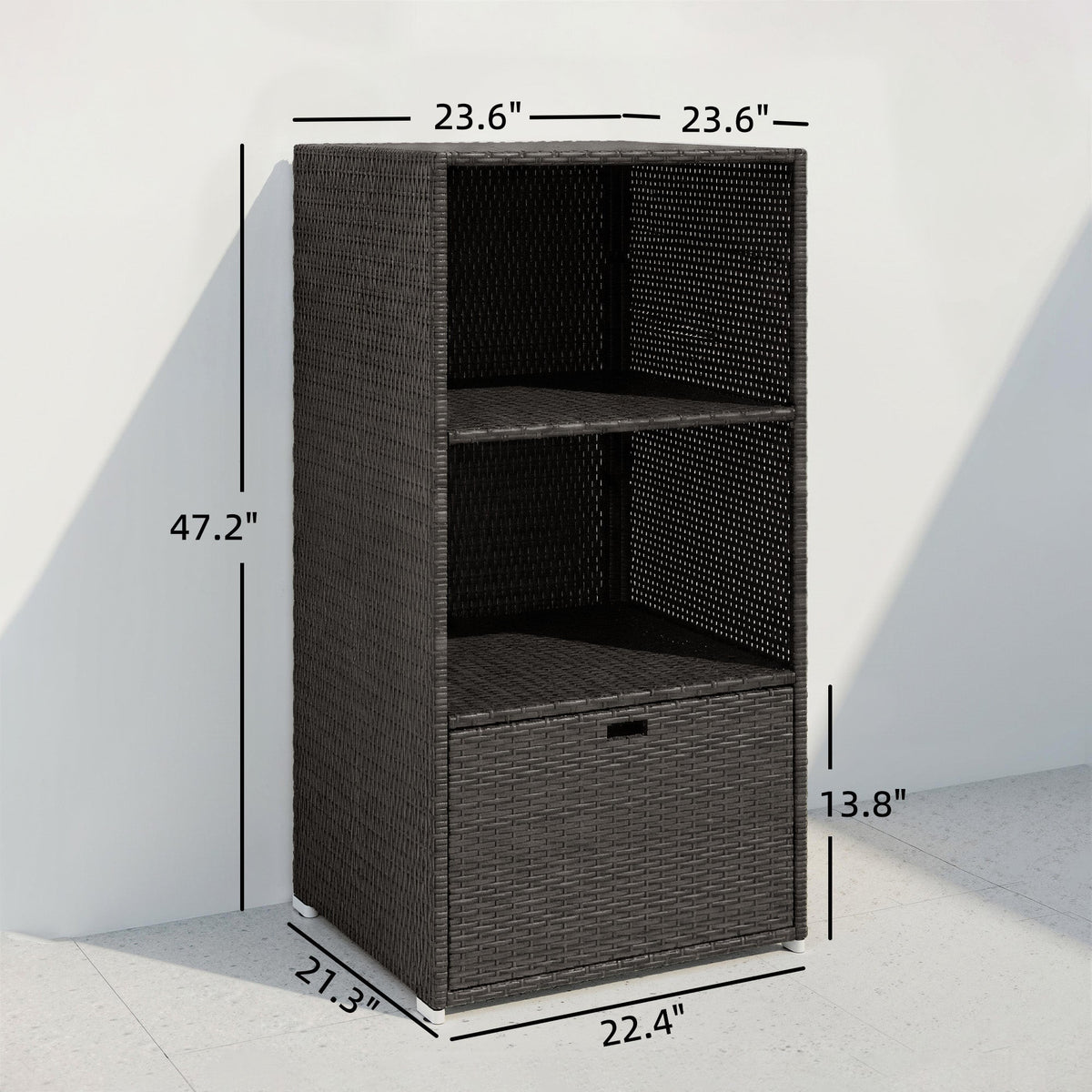 Pool Towel Rack with 2 Shelves and Basket Drawer, PE Rattan, Dark Brown — product view 5