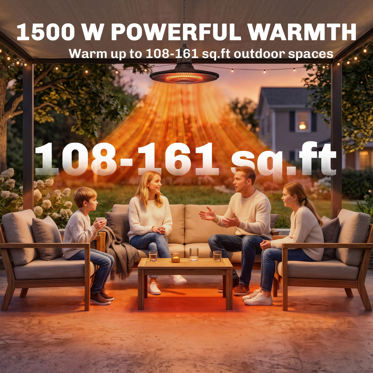 1500W Hanging Infrared Patio Heater with Carbon Fiber Tube, Remote & LED, Black — product view 7