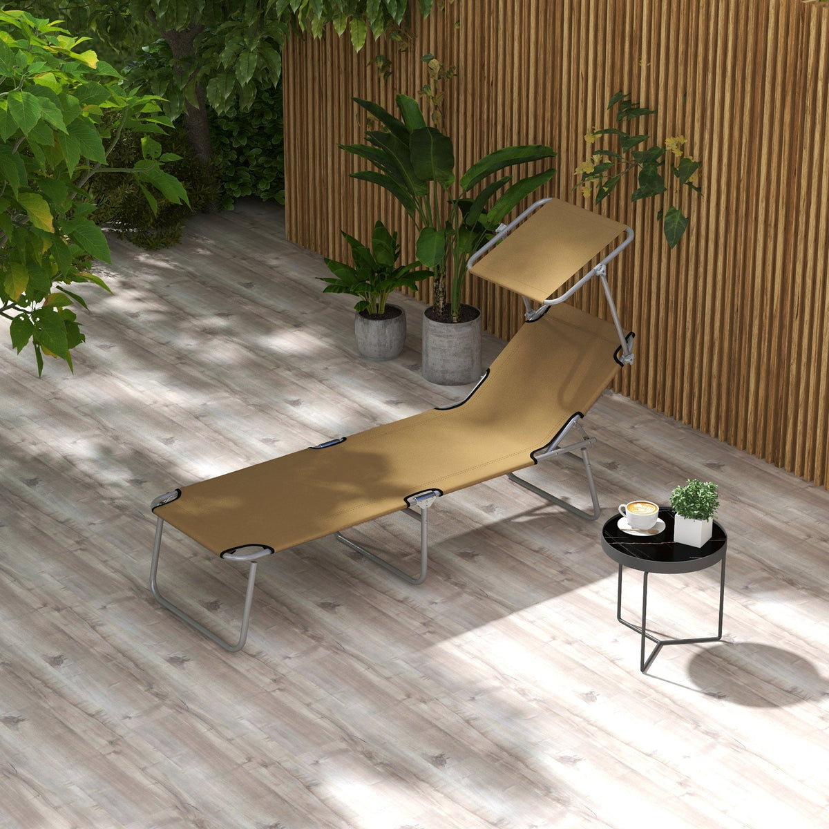 Adjustable Folding Lounge Chair with Sun Shade, Brown — product view 4