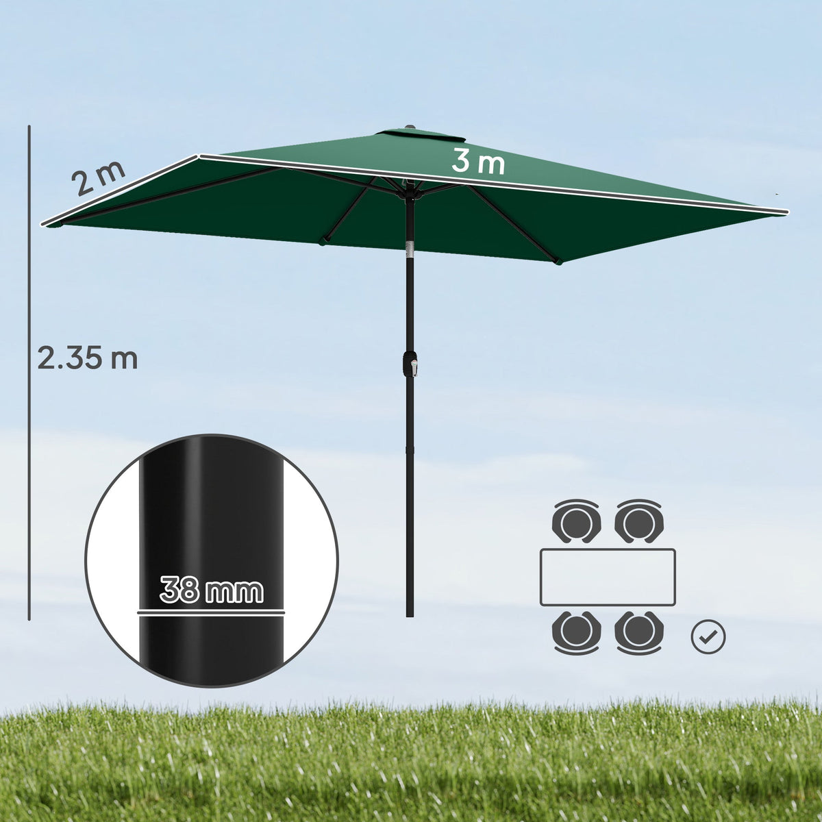 3 x 2 m Garden Parasol with Crank Handle and Tilt Function, Green — product view 5