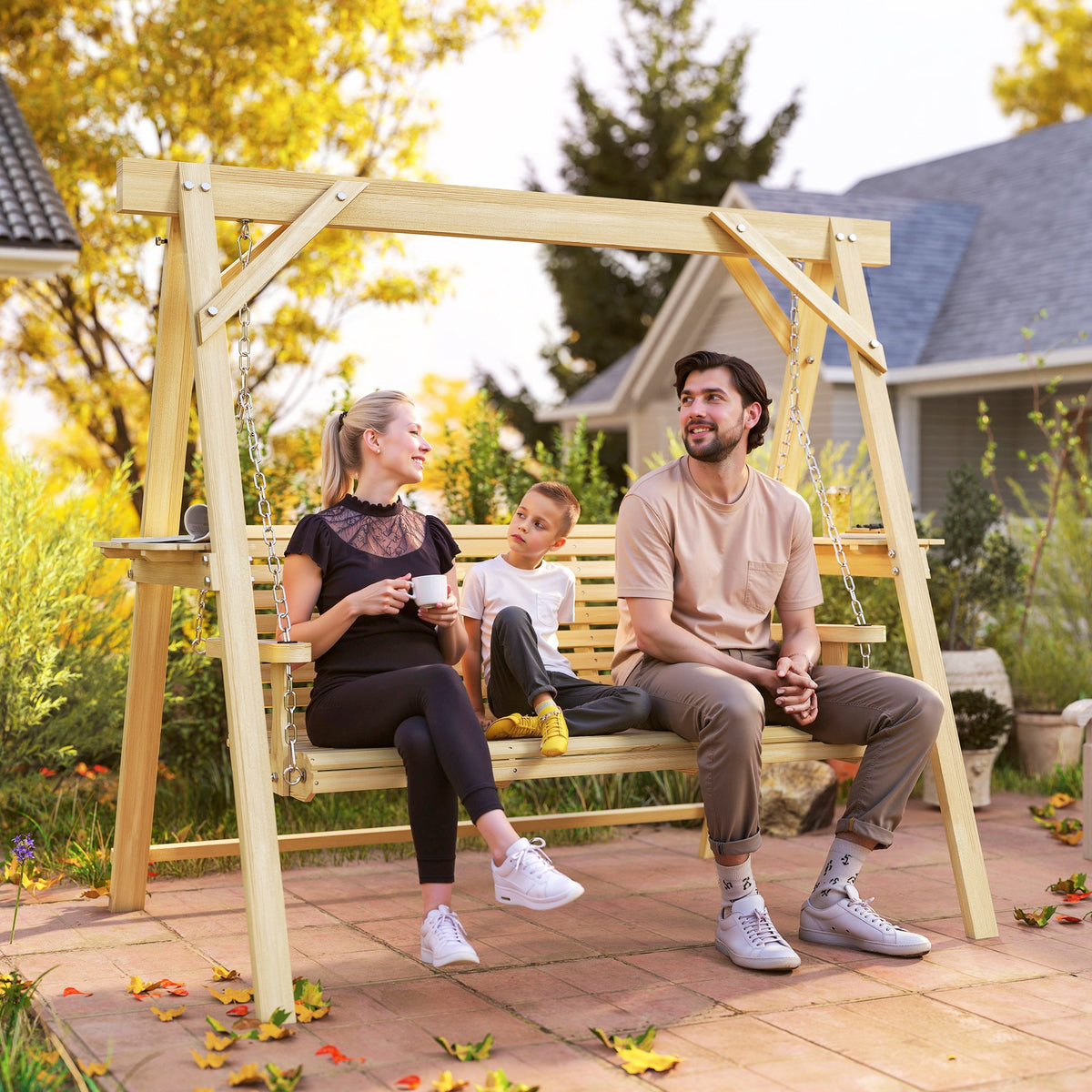 3 Seat Porch Swing with Stand and Side Tables, Natural Wood — product view 4