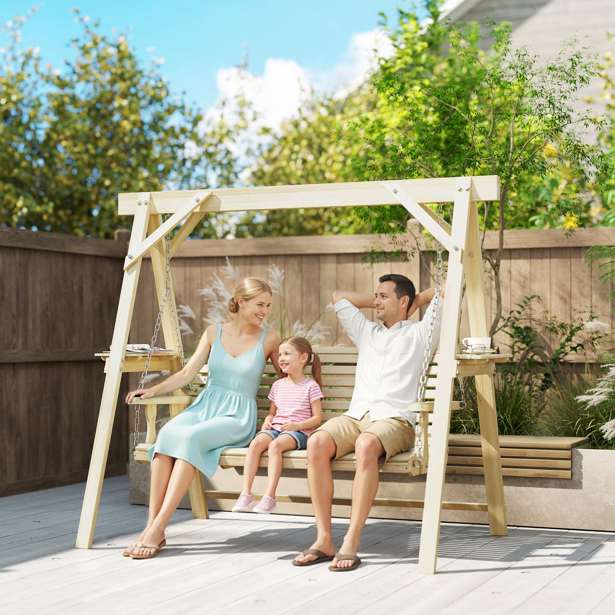 3 Seat Porch Swing with Stand and Side Tables, Natural Wood — product view 3