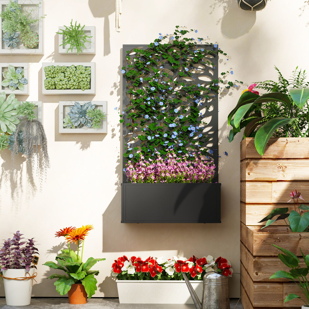 Metal Raised Garden Bed with Trellis Privacy Panel, Leaves Cut-Out — product view 4