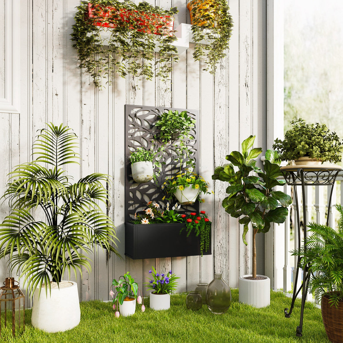 Metal Raised Garden Bed with Trellis Privacy Panel, Leaves Cut-Out — product view 3