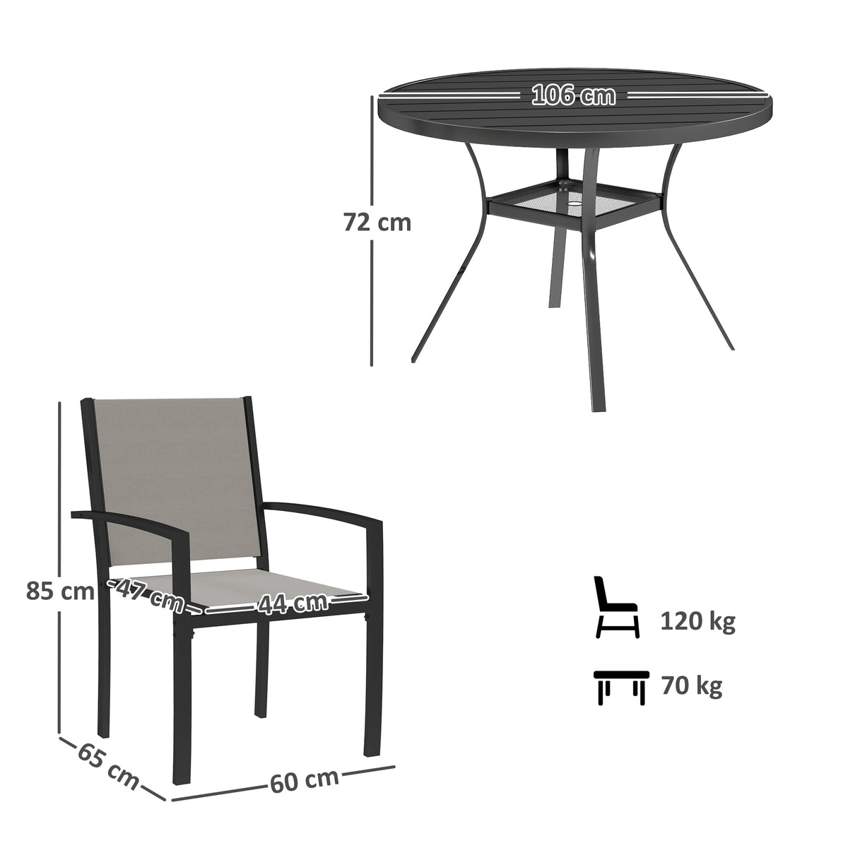 5 Piece Garden Dining Set with Round Table & 4 Stackable Chairs, Dark Grey — product view 5